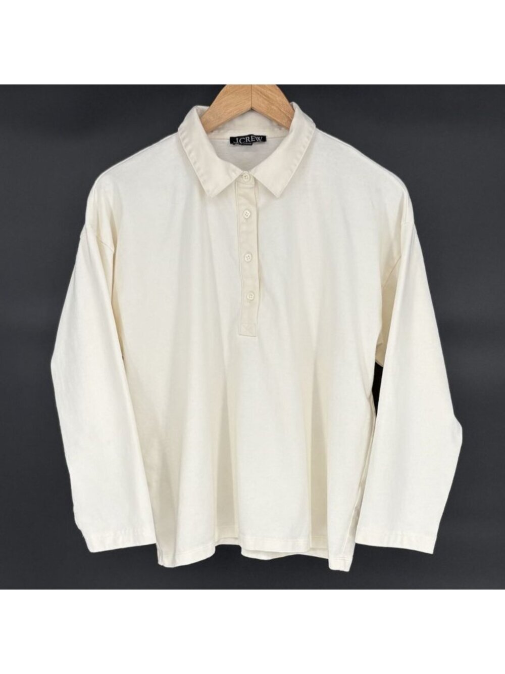 J.Crew Women's Mariner Jersey Long Sleeve Polo T-Shirt L Ivory Cream Cotton SP25